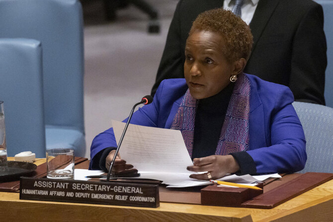 Assistant Secretary-General for Humanitarian Affairs and Deputy Emergency Relief Coordinator Joyce Msuya speaks during a Security Council meeting at the United Nations headquarters, Jan. 15, 2025. (AP)
