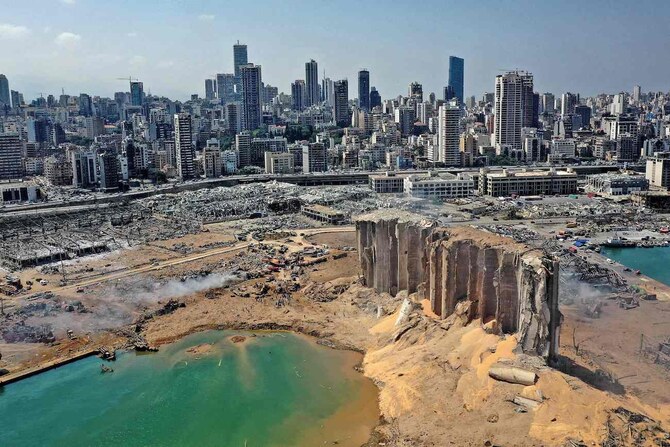 An aerial view shows the massive damage at Beirut port’s grain silos and the area around it on August 5, 2020. (File/AFP)