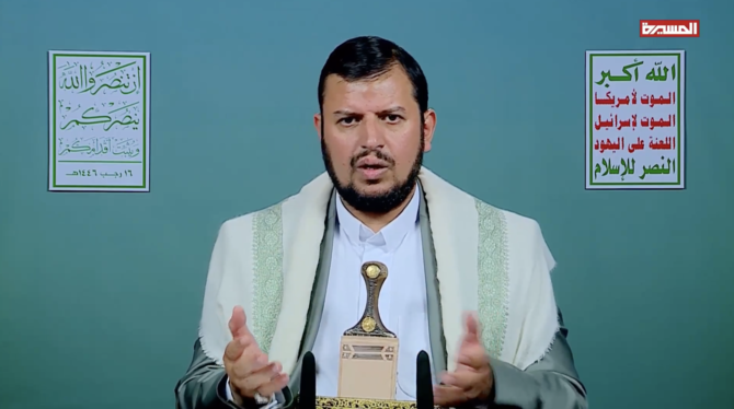 Abdul Malik Al-Houthi, the leader of Yemen’s Iran-aligned Houthis, during a televised speech on the group's Al-Masirah TV channel (Screengrab)
