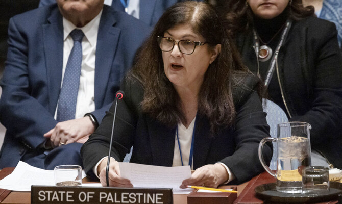 Palestine's Minister of State for Foreign Affairs and Expatriates Varsen Aghabekian speaks during a Security Council meeting at the United Nations headquarters, Monday, Jan. 20, 2025. (AP)
