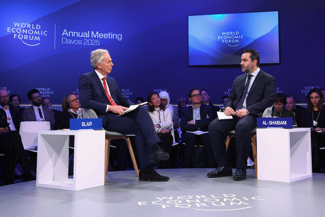 Syria’s Foreign Minister Asaad Hassan Al-Shaibani speaks with former British Prime Minister Tony Blair during the 55th annual WEF meeting in Davos, Switzerland, January 22, 2025. (Reuters)
