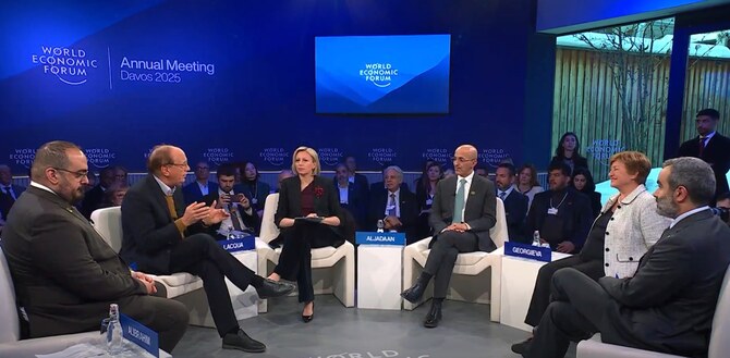 Saudi Finance Minister Mohammed Al-Jadaan (3rd right), speaking on a panel at the annual meeting of the World Economic Forum on Thursday, attributed the progress and resilience of Saudi Arabia’s economy under Vision 2030 to visionary leadership, tough decision-making and consistent execution. (WEF photo)