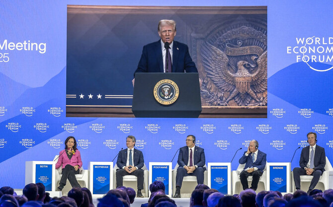 US President Donald Trump speaking by video from the White House to the annual World Economic Forum in Davos on Thursday. (WEF photo)