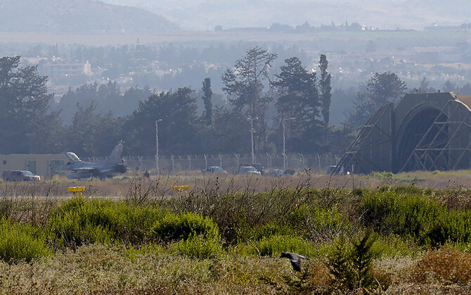 A view of a Greek Air Force F-16 aircraft after landing at Cyprus' Andreas Papandreou Air Base near the southwestern coastal city of Paphos, Cyprus, on Aug. 25, 2020. (AP File photo)