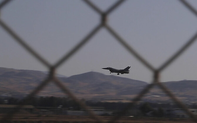 A view of a Greek Air Force F-16 aircraft after landing at Cyprus' Andreas Papandreou Air Base near the southwestern coastal city of Paphos, Cyprus, on Aug. 25, 2020. (AP File photo)