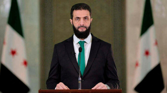 Syria’s President Ahmed Al-Sharaa delivers a speech at the Presidential Palace in Damascus, Syria. (Reuters)