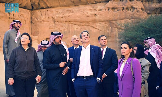 Greek Prime Minster Kyriakos Mitsotakis visited the historic Hegra region in AlUla on Monday. (SPA)