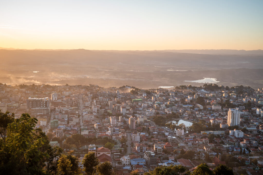 A general view of Taunggyi, Myanmar’s Southeastern Shan state, is seen from a lookout point during sunset on November 15, 2024. (AFP)