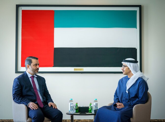 United Arab Emirates Foreign Minister Abdullah bin Zayed Al Nahyan and Syria’s new foreign minister Asaad Al-Shaibani in Abu Dhabi, Jan. 6 (WAM)