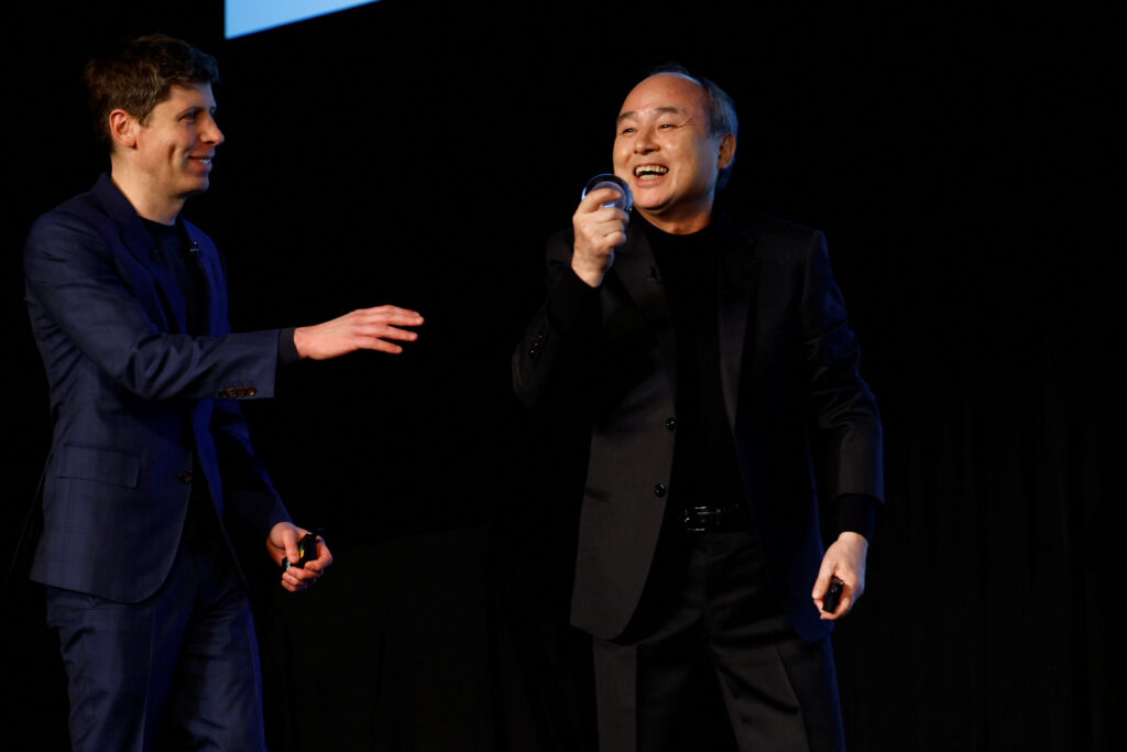 SoftBank CEO Masayoshi Son and OpenAI CEO Sam Altman attend an event to pitch AI for businesses in Tokyo, Japan February 3, 2025. (Reuters)