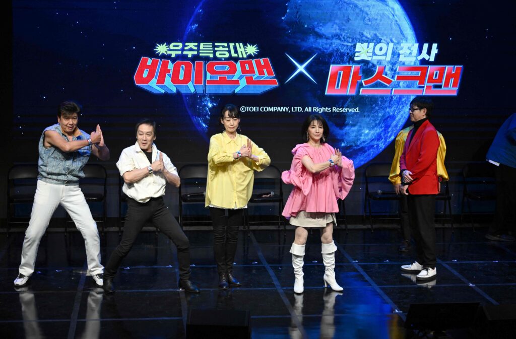 This picture taken on February 15, 2025 shows the cast members of Japanese superhero series 