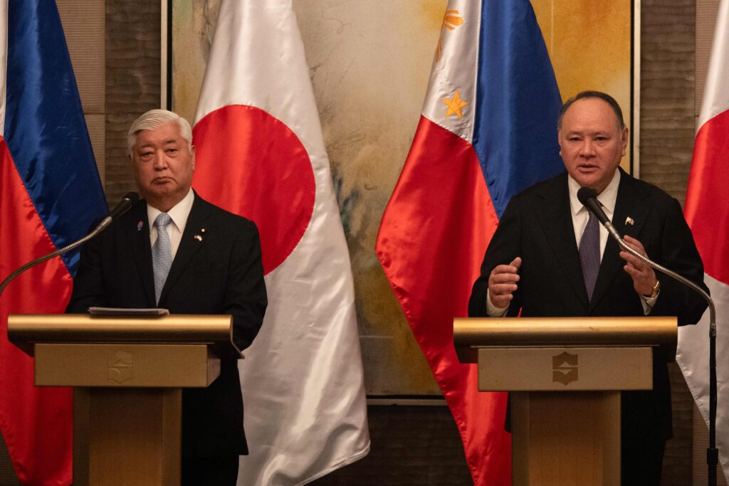 Philippines' Secretary of National Defence Gilberto Teodoro (R) and Japan's Defence Minister NAKATANI Gen hold a joint press briefing after their bilateral meeting at a hotel in Manila on February 24, 2025. (AFP)