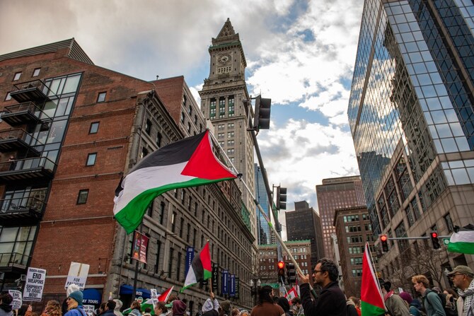 Pro-Palestinian demonstrators march during a rally organized by the Boston Coalition for Palestine in Boston on November 2, 2024. (AFP)