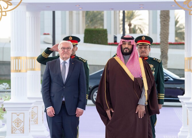 Saudi Arabia’s Crown Prince Mohammed bin Salman receives Germany’s President Frank-Walter Steinmeier at Al-Yamamah Palace on Monday. (SPA)