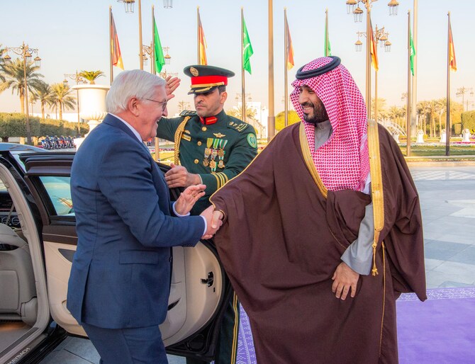 Saudi Arabia’s Crown Prince Mohammed bin Salman receives Germany’s President Frank-Walter Steinmeier at Al-Yamamah Palace on Monday. (SPA)