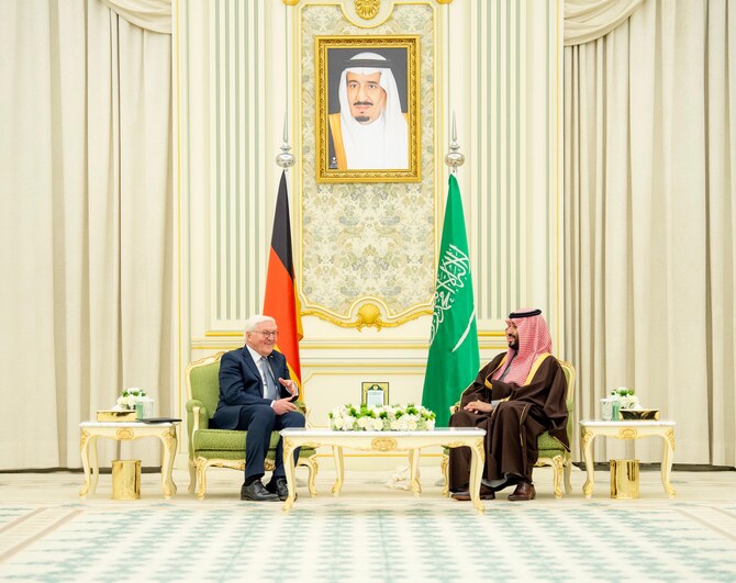 Saudi Arabia’s Crown Prince Mohammed bin Salman receives Germany’s President Frank-Walter Steinmeier at Al-Yamamah Palace on Monday. (SPA)