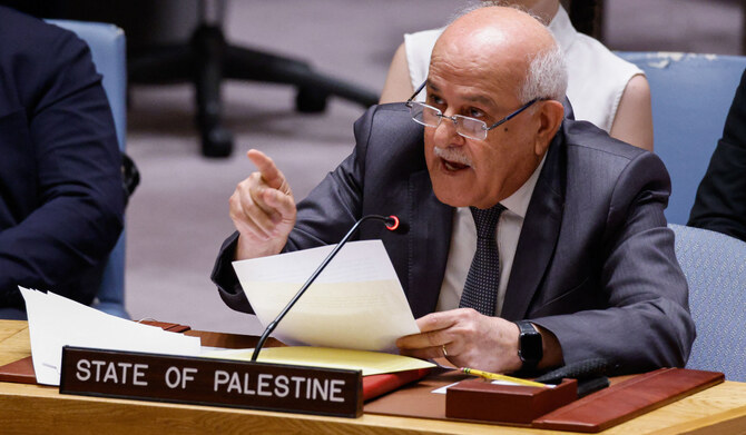 Palestinian Ambassador to the UN, Riyad Mansour speaks during a UN Security Council meeting on Gaza and the situation in Middle East at UN headquarters in New York City on August 13, 2024. (AFP)