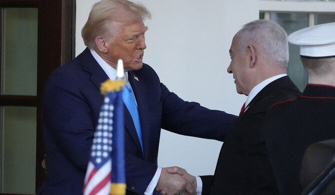 President Donald Trump greets Israeli Prime Minister Benjamin Netanyahu as he arrives at the West Wing of the White House, Tuesday, Feb. 4, 2025, in Washington. (AP)