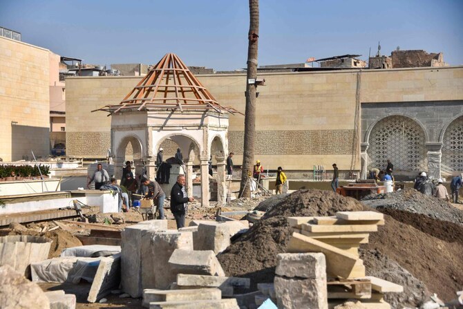 Eighty percent of Mosul’s old city was destroyed in the fight against Daesh, and more than 12,000 tons of rubble was removed for a UNESCO restoration project, which included the famous Al-Hadba or “hunchback” leaning minaret and its historic Al-Nuri Mosque, Al-Tahira and Our Lady of the Hour churches, and 124 heritage houses. (AFP)