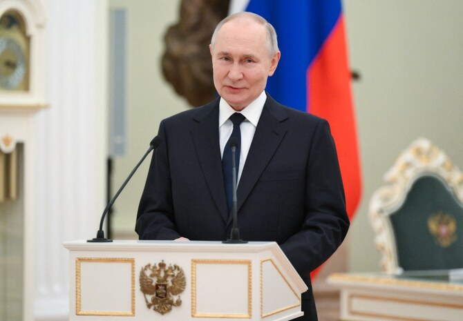 Russia's President Vladimir Putin speaks during a ceremony to award young scientists at the Kremlin in Moscow on February 6, 2025 (AFP)