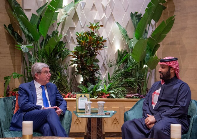 Crown Prince Mohammed bin Salman and Thomas Bach, president of the International Olympic Committee. (SPA)