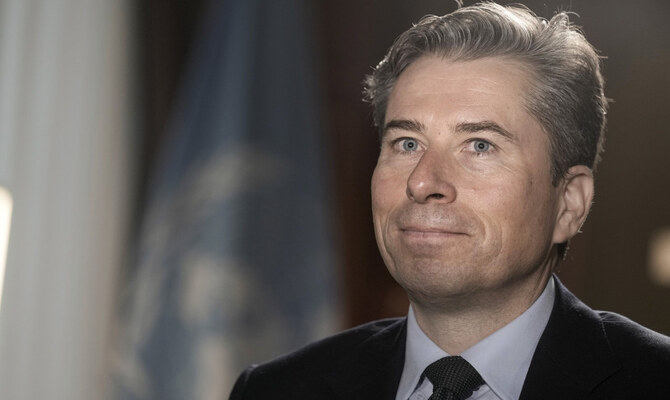 UN humanitarian chief Tom Fletcher speaks during an interview in Cairo, Egypt, Sunday, Feb. 9, 2025. (AP)