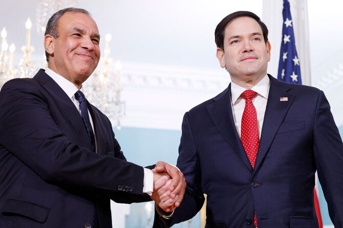 Egyptian Foreign Minister Badr Abdelatty (L) and US Secretary of State Marco Rubio shake hands in the US State Department Building on Feb. 10, 2025 in Washington, DC. (AFP)