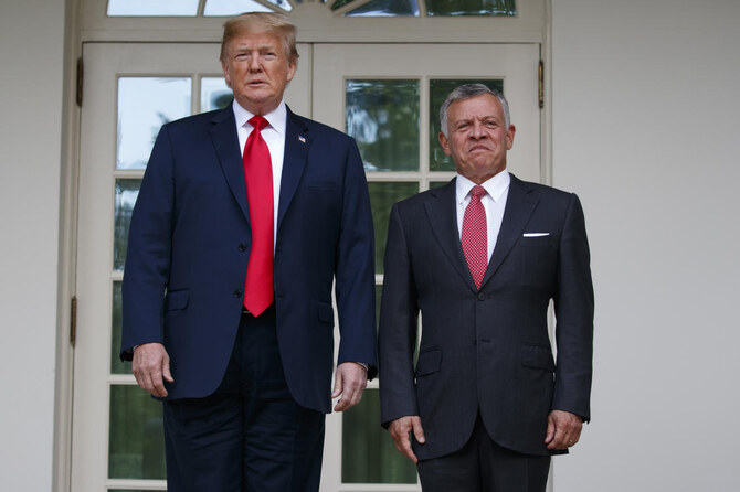 US President Donald Trump stands with Jordan’s King Abdullah II at the White House during their meeting in June 25, 2018. (AP)