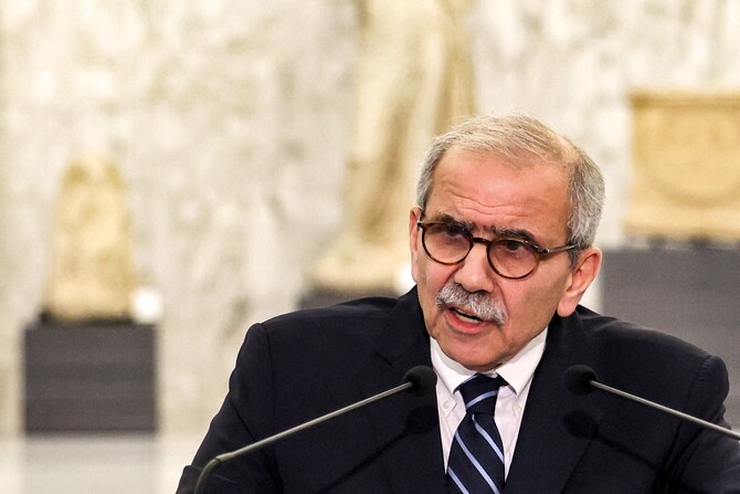 Lebanon's prime minister Nawaf Salam delivering a statement at the presidential palace in Baabda, east of Beirut. (AFP)
