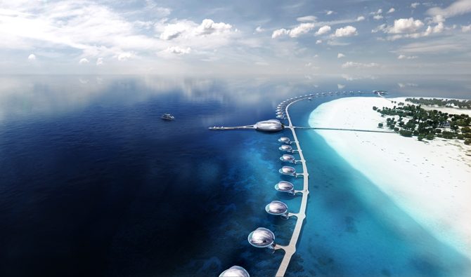 Aerial view of Shebara, a luxury hotel brand at the Red Sea destination. Located on Sheybarah Island in the thriving Al Wajh Lagoon, the resort contains 73 keys, including overwater and beach villas. (Photo courtesy: Red Sea Global)