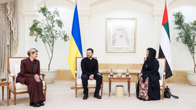 Ukrainian President Volodymyr Zelenskyy, center, and first lady Olena Zelenska were welcomed to UAE by Reem Al-Hashimy, the minister of State for International Cooperation. (X: @ZelenskyyUa)