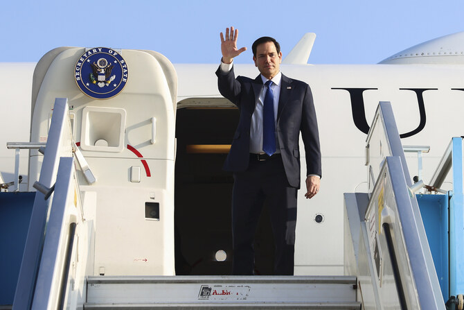 US Secretary of State Marco Rubio waves as he departs Israel for Saudi Arabia, at Ben Gurion Airport in Tel Aviv, Israel, Monday, Feb. 17 2025. (AP)