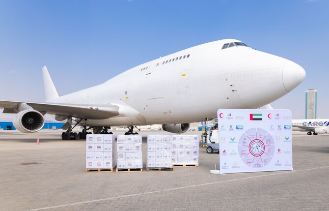 More than 250 tonnes of Ramadan food supplies were flown from Fujairah, UAE, destined for Gaza on Friday. (WAM)