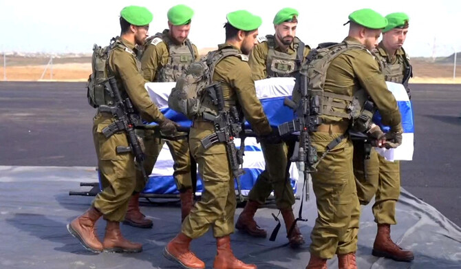 Israeli soldiers carry the coffins of deceased hostages, identified at the time by Palestinian groups as Oded Lifschitz, Shiri Bibas and her two children, Kfir and Ariel Bibas in the Gaza Strip in this handout image obtained by Reuters on February 20, 2025. (REUTERS)