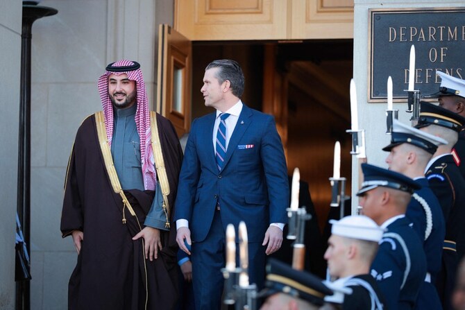 Secretary of Defense Pete Hegseth welcomes Saudi Minister of Defense Khalid bin Salman at the Pentagon on February 24, 2025. (Getty Images/AFP)