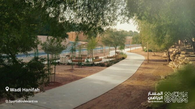 The new destinations include Wadi Hanifah, above, the Promenade, the Arts Tower, a loop track at Princess Nourah bint Abdulrahman University, and the Sands Sports Park. (X/@SportsBlvdEn)