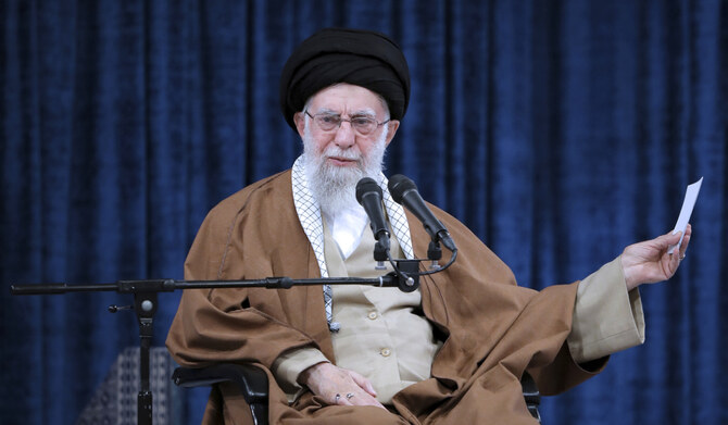 In this photo released by an official website of the office of the Iranian supreme leader, Supreme Leader Ayatollah Ali Khamenei speaks in a meeting with a group of air force officers in Tehran, Iran, Friday, Feb. 7, 2025. (AP)