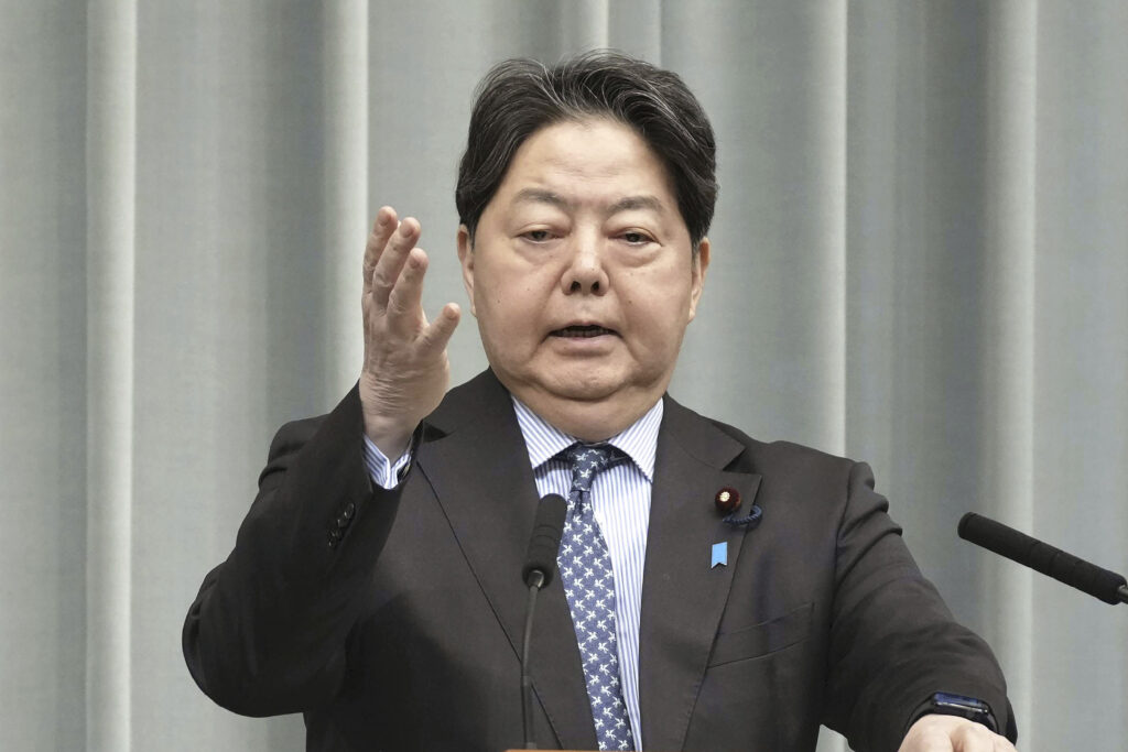 Japan's Chief Cabinet Secretary HAYASHI Yoshimasa attends at a press conference in Tokyo Monday, March 3, 2025. (Kyodo News via AP)