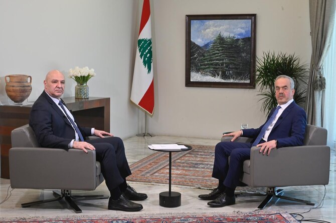 Lebanese President Joseph Aoun in the interview with Asharq Al-Awsat's editor-in-chief Ghassan Charbel. (Photo: Asharq Al-Awsat)