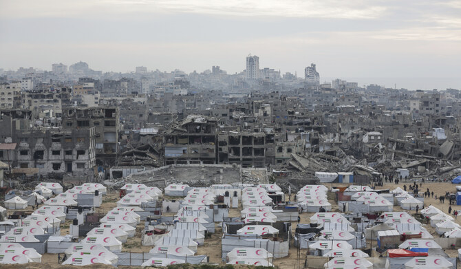 A tent camp for displaced Palestinians is set up amid destroyed buildings in the west of Al-Shati camp, west of Gaza City, on Monday, March 3, 2025. (AP)