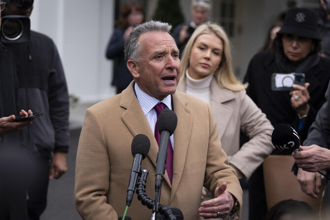 Steve Witkoff, White House special envoy for the Middle East, accompanied by White House press secretary Karoline Leavitt, right, speaks with reporters at the White House in Washington, Thursday, March 6, 2025. (AP)