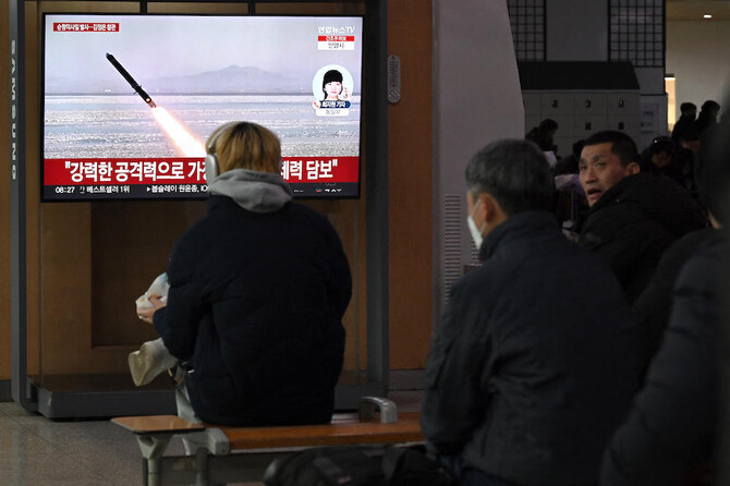 Above, news footage of North Korea’s latest test-launch of strategic cruise missiles is shown at a train station in Seoul on Feb. 28, 2025. (AFP)