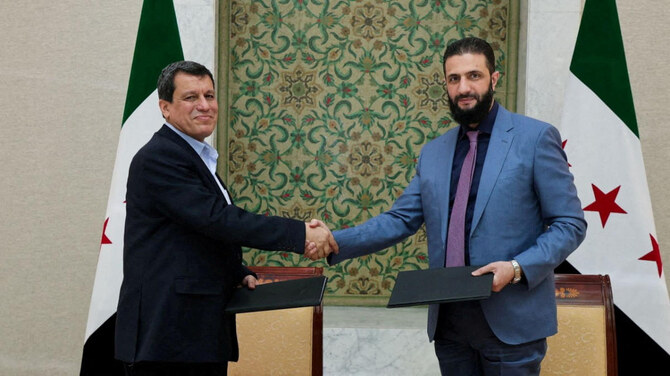 Syria’s interim President Ahmed Al-Sharaa and Commander of Syrian Kurdish-led forces Mazloum Abdi shake hands, after Syria reached a deal to integrate the SDF with state institutions. (Reuters)