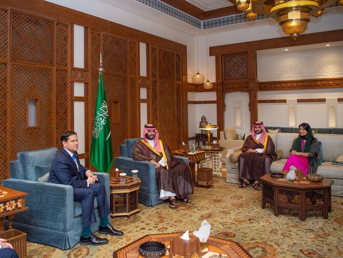 Saudi Arabia’s Crown Prince Mohammed bin Salman receives US Secretary of State Marco Rubio in Jeddah on Monday. (SPA)
