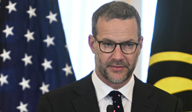 US Envoy for Hostages Adam Boehler speaks during a US hostage and wrongful detainee flag raising ceremony at the State Department in Washington, DC, on March 6, 2025. (AFP)