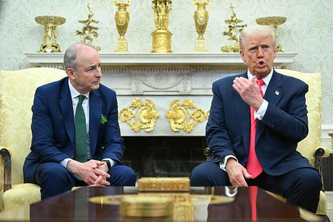 US President Donald Trump meets with Irish Prime Minister Micheal Martin in the Oval Office of the White House in Washington, DC, on March 12, 2025. (AFP)