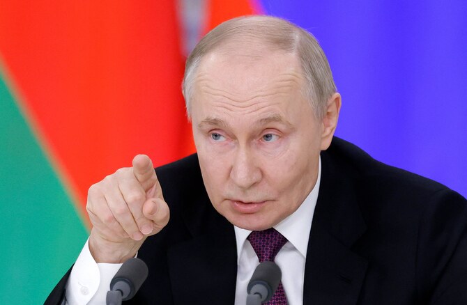 Russia's President Vladimir Putin speaks during a press conference following a meeting with his Belarusian counterpart at the Kremlin in Moscow on March 13, 2025. (AFP)