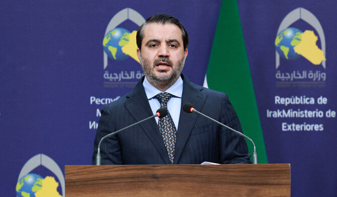 Syrian Foreign Minister Asaad Hassan al-Shibani attends a press conference with Iraqi Foreign Minister Fuad Hussein, in Baghdad, Iraq March 14, 2025. (REUTERS)