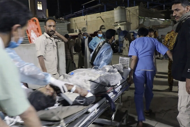This photo taken from video released by Ansar Allah Media Office via Al Masirah TV channel shows a casualty being taken for treatment at a hospital in Saada, Yemen, on March 15, 2025 following US airstrikes over multiple targets in the country. (Al Masirah TV via AP)
