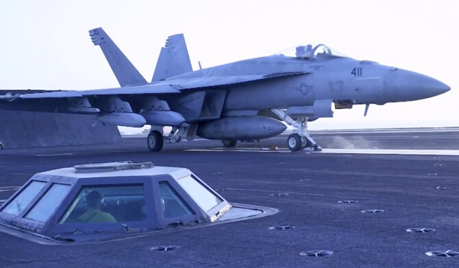 This image taken from video provided by the U.S. Navy shows an aircraft launching from the USS Harry S. Truman in the Red Sea before airstrikes in Sanaa, Yemen, Saturday, March 15, 2025. (AP)